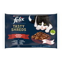 Šlapiasis kačių ėdalas FELIX® TASTY SHREDS ūkio rinkinys padaže (jautiena, vištiena)