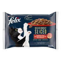 Šlapiasis kačių ėdalas FELIX® DELICIOUSLY SLICED mėsos rinkinys drebučiuose (jautiena, vištiena, antiena, kalakutiena)