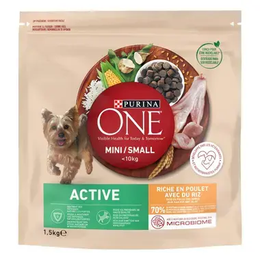 Sausasis šunų ėdalas PURINA ONE® MINI/SMALL ACTIVE, sudėtyje gausu vištienos ir ryžių