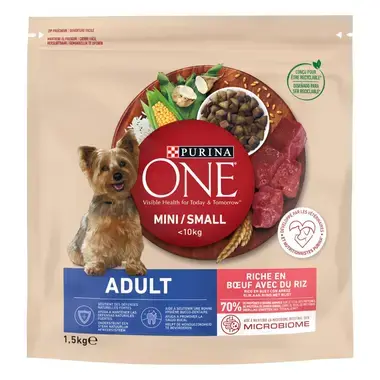 Sausasis šunų ėdalas PURINA ONE® MINI/SMALL ADULT, sudėtyje gausu jautienos ir ryžių