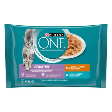 Šlapiasis kačių ėdalas PURINA ONE® SENSITIVE, mini filė švelniame padaže, su vištiena ir tunais