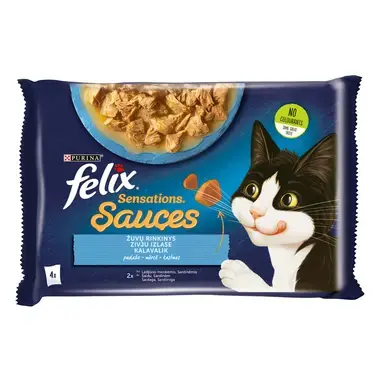 Šlapiasis kačių ėdalas FELIX® SENSATIONS, žuvų rinkinys padaže (sidabriniai polakai, sardinės)